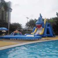 15x8 mts giant Shark inflatable ground water park with big pool for kids and adults inflatable splash park fun