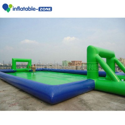 Blue and green color inflatable football field, water pool inflatable water soccer pitch